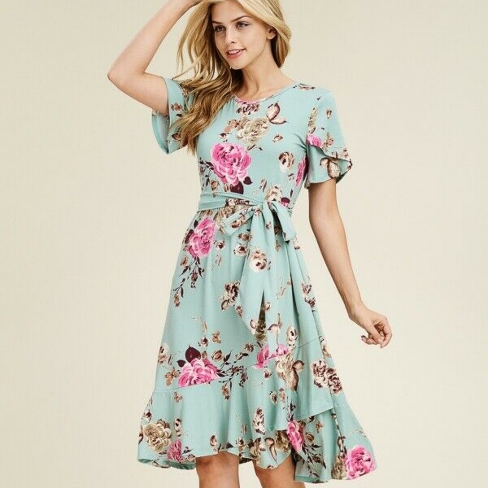 Womens soft stretchy floral modest faux wrap dress - Picture 1 of 8